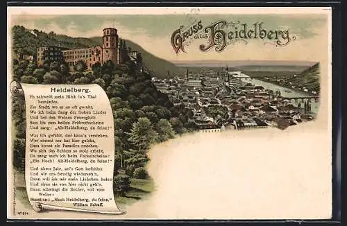 Lithographie Heidelberg, Panorama mit Schloss