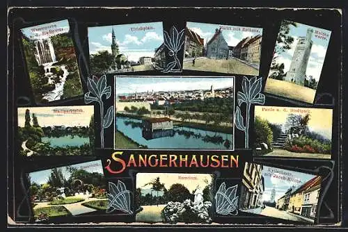 AK Sangerhausen, Wasserpartie a. d. Stadtparke, Ulrichplatz, Moltkewarte, Kylischestr. mit Jacob-Kirche