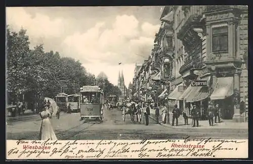 AK Wiesbaden, Rheinstrasse mit Strassenbahnen