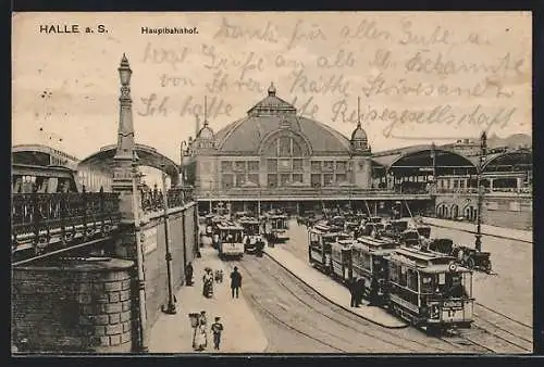 AK Hall /Saale, Hauptbahnhof mit Strassenbahnen