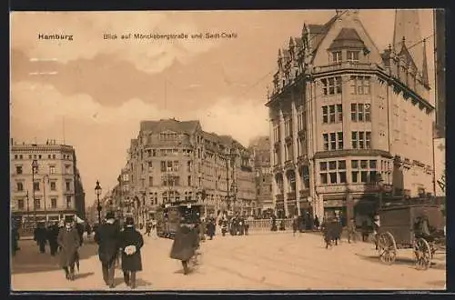 AK Hamburg, Blick auf Mönckebergstrasse und Stadt-Cafe, Strassenbahn