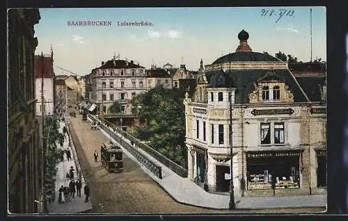 AK Saarbrücken, Strassenbahn auf der Luisenbrücke, Leonhard Bauer`s Havanna-Haus