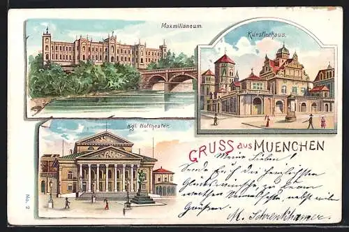 Lithographie München, Künstlerhaus, Maximilaneum, Kgl. Hoftheater