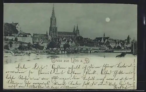 Mondschein-AK Ulm / Donau, Blick vom Donau-Ufer auf dem Ulmer Münster