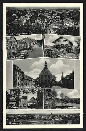 AK Grafenwöhr, Generalansicht, Blick vom Wasserturm, Marktplatz und Rathaus, Stadttor, Städt. Bad