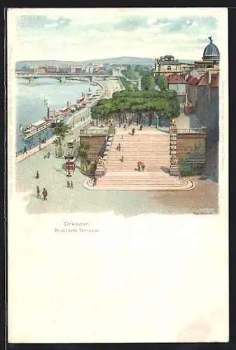 Lithographie Dresden, Brühl`sche Terrasse mit Elbe aus der Vogelschau