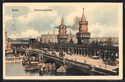 AK Berlin-Friedrichshain, Oberbaumbrücke mit Dampfer Germania