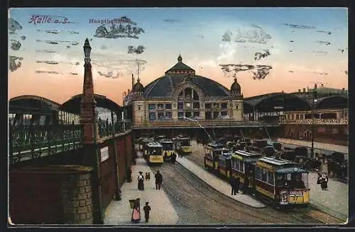 AK Halle a. S., Hauptbahnhof mit Strassenbahnen