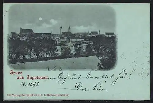 Mondschein-AK Ingolstadt, Ortsansicht mit Brücke im Vollmondlicht