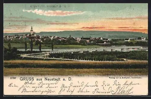 AK Neustadt / Donau, Ortsansicht mit Brücke am Fluss