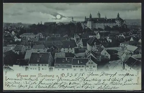 Mondschein-AK Neuburg a. D., Blick über die Dächer der Stadt im Vollmondlicht