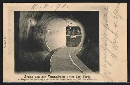 AK Berlin-Stralau, Tunnelbahn unter der Spree, U-Bahn