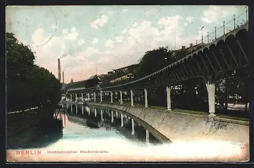 AK Berlin-Kreuzberg, Hochbahnstation Möckernbrücke mit Blick aufs Wasser, U-Bahn