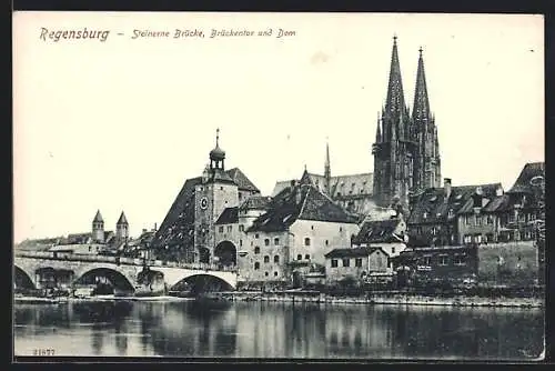 AK Regensburg, Steinerne Brücke mit Brückentor und Dom