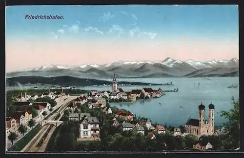 AK Friedrichshafen, Teilansicht mit Eisenbahn