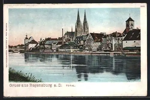 Lithographie Regensburg a. D., Flusspartie mit Kirchtürmen