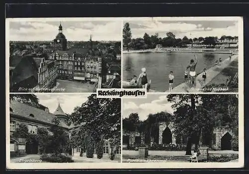 AK Recklinghausen, Strandbad Mollbeck, Petruskirche, Ehrenmal