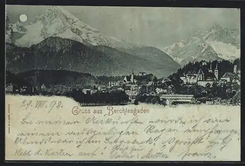 Mondschein-AK Berchtesgaden, Teilansicht mit Kirche