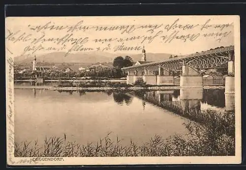 AK Deggendorf, Uferpartie mit Brücke
