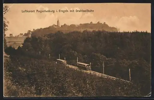 AK Augustusburg i. Erzgeb., Panorama mit Drahtseilbahn