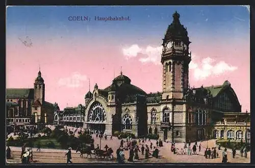 AK Köln, geschäftiges Treiben vor dem Hauptbahnhof