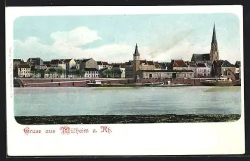 AK Mülheim / Rhein, Ortsansicht mit Kirche über den Fluss hinweg