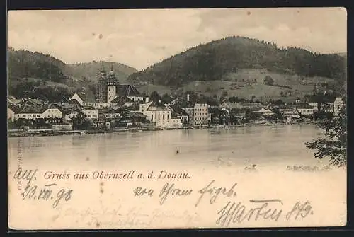 AK Obernzell a. d. Donau, Blick vom Flussufer auf die Kirche im Ort