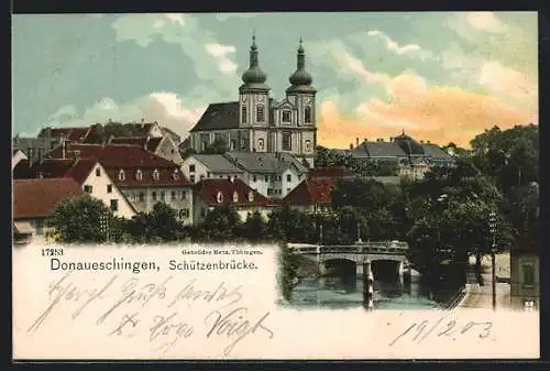 AK Donaueschingen, Teilansicht mit Kirche und Schützenbrücke