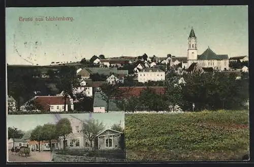 AK Lichtenberg / Pulsnitz, Panorama und Gasthaus zur Post