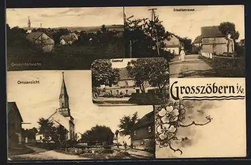 AK Grosszöbern i. V., Gasthof, Staatsstrasse, Ortspartie mit Kirche, Gesamtansicht