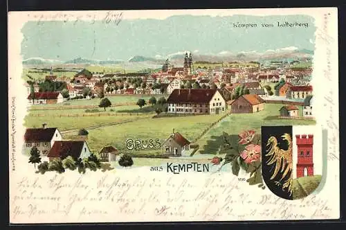 Lithographie Kempten / Bayern, Teilansicht vom Lotterberg aus gesehen, Wappen