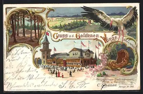 Lithographie Hamburg-Haake, Hotel und Pension a. d. Goldenen Wiege, Hünengrab, Weissstorch