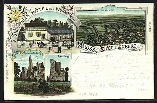 Lithographie Stecklenberg i. Harz, Hotel zum Wurmthal, Ruine Stecklenburg, Lauenburg