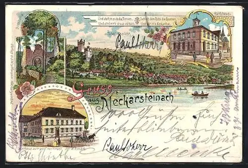 Lithographie Neckarsteinach, Gasthaus Zum goldenen Hirsch im Dämmerungslich, Burgruine, Rathaus mit Passanten