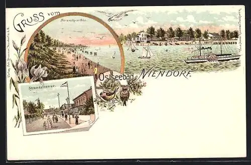 Lithographie Niendorf / Ostsee, Strandpartie mit Dampfer, Strandstrasse