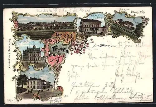 Lithographie Treuen i. V., Königliches Amtsgericht, Kaiserliches Postamt, Bahnhof