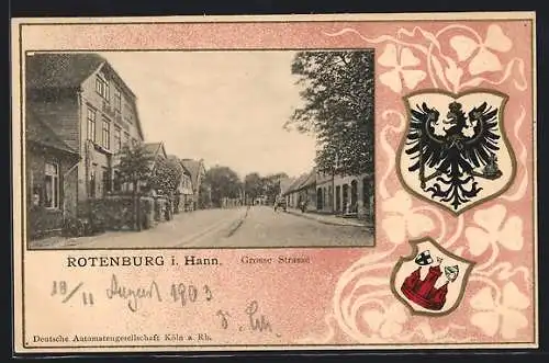 Passepartout-Lithographie Rotenburg i. Hann, Grosse Strasse mit Bäumen, Wappen