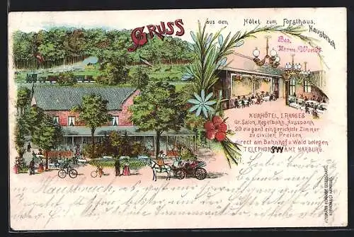 Lithographie Hausbruch / Harburg, Hotel zum Forsthaus mit Eisenbahn, Innenansicht