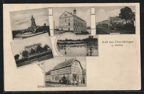 AK Oberröblingen a. Helme, Gasthaus Ratskeller, Geschäft von Ottomar Löffler, Zuckerfabrik