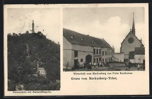 AK Markusberg-Trier, Gasthaus zum Markusberg von Peter Kartheiser, Mariensäule mit Mariahilfkapelle