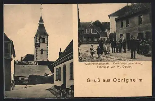 AK Obrigheim / Pfalz, Maschinengeschäft - Kolonialwarenhandlung Ph. Denzer, Kirche