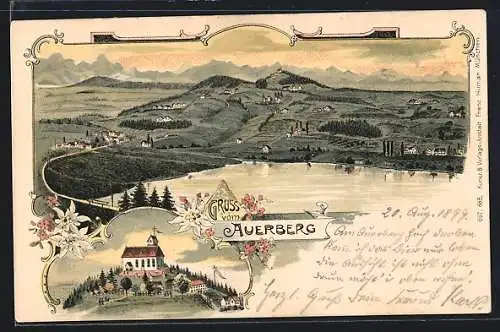 Lithographie Stötten / Auerberg, Kirche auf dem Auerberg, Panorama