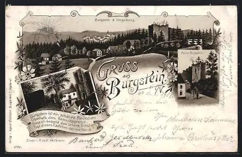 Lithographie Burgstein i. V., Ruine Burgstein und Umgebung