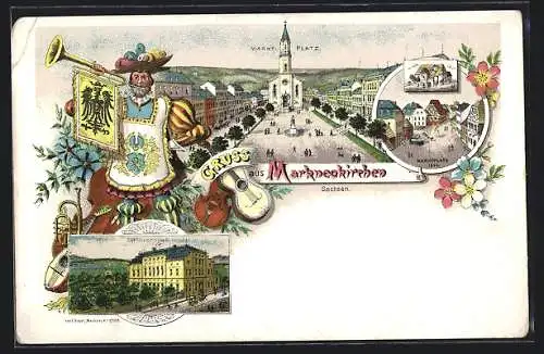 Lithographie Markneukirchen /Sachsen, Schützenhaus, Marktplatz, Kirche