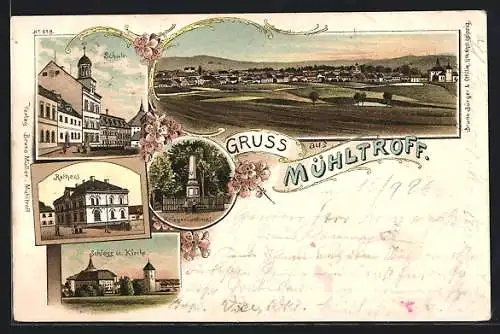 Lithographie Mühltroff, Schloss und Kirche, Kriegerdenkmal, Rathaus, Schule, Ortsansicht