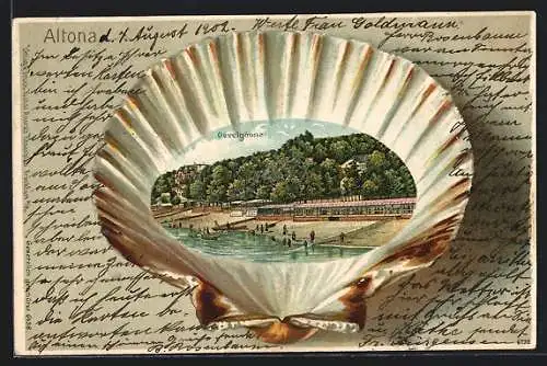 Passepartout-Lithographie Oevelgönne / Altona, Strandpartie in einer Muschel