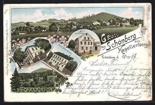 Lithographie Schönberg / Vogtl., Gasthof zum Kappellenberg, Schwabs. Logishaus, Post u. Gemeindeamt