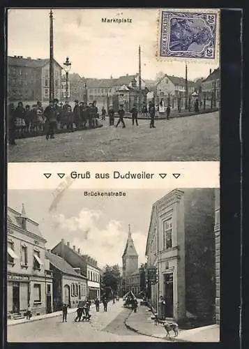 AK Dudweiler, Marktplatz, Brückenstrasse mit Farbwarengeschäft