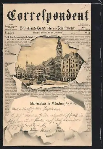 Zeitung-AK München, Gebäude am Marienplatz, Zeitung Correspondent