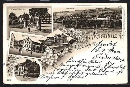 Lithographie Weischlitz, Bahnhof, Gasthaus zum Elstertal, Gasthaus Centralhalle